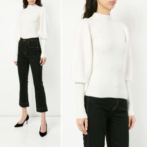 NEW Khaite Martha Ribbed Merino Wool Mock Neck Balloon Sleeve Ivory Sweater XS
